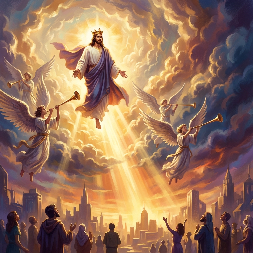 Ilustração da volta de Jesus com anjos e trombetas